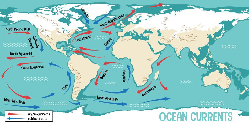 A map showing the cold and warm ocean currents.