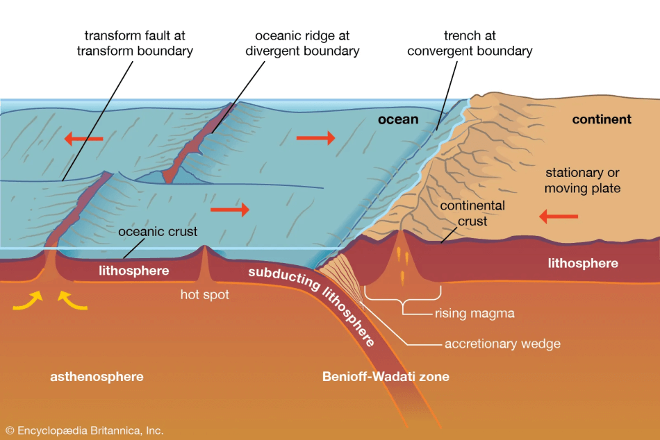 An illustration showing common tectonic plate features, such as hot spots, rising magma, oceanic ridges and more.
