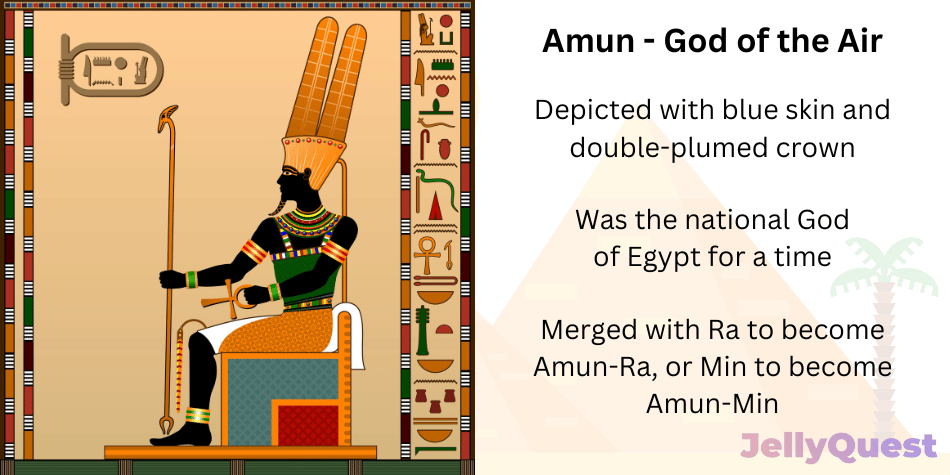 An illustration of Amun, god of the air. Bite-sized facts also accompany the illustration: depicted with blue skin and double-plumed crown. Was the national god of Egypt for a time. Merged with Ra to become Amun-Ra, or Min to become Amun-Min.