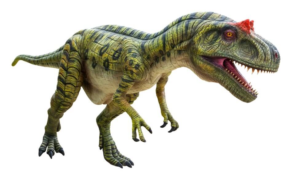 An artist's impression of the Eustreptospondylus dinosaur. It's ferocious looking with small red horns above its eyes. 