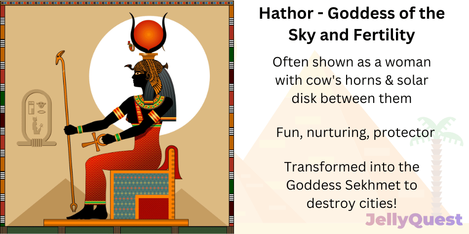 An illustration of Hathor, goddess of the sky and fertility. Bite-sized facts also accompany the illustration: often shown as a woman with cow's horns & a solar disk between them. Fun, nurturing protector. Also transformed into the Goddess Sekhmet to destroy cities! 