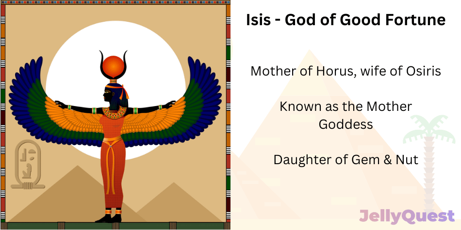 An illustration of Isis, god of good fortune. Bite-sized facts also accompany the illustration: mother of Horus, known as mother goddess, daughter of Gem and Nut.