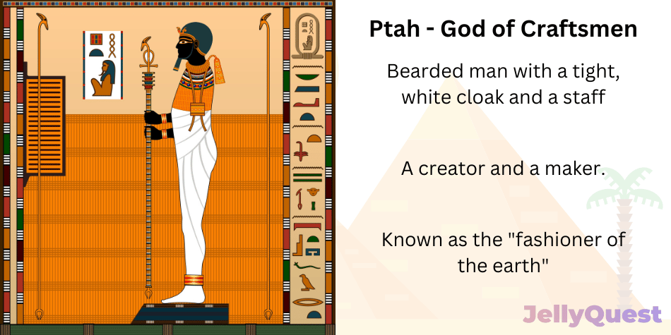 An illustration of Ptah, god of craftsman. Bite-sized facts also accompany the illustration: bearded man with a tight, white cloak and staff. A creator and a maker. Known as the "fashioner of the earth".