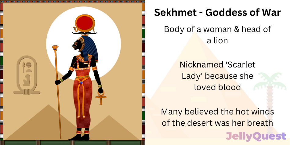An illustration of Sekhmet, goddess of war. Bite-sized facts also accompany the illustration: body of a woman and head of a lion. Nicknamed 'scarlet lady' because she loved blood. Many believed the hot winds of the desert was her breath. 