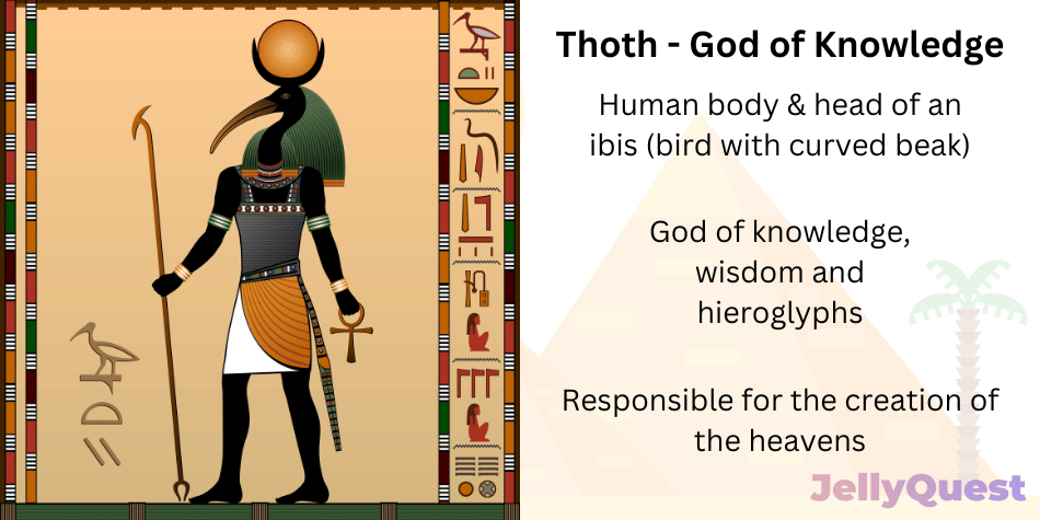 An illustration of Thoth, god of knowledge. Bite-sized facts also accompany the illustration: human body & beak of an ibis bird. God of knowledge, wisdom and hieroglyphs. Responsible for the creation of the heavens.