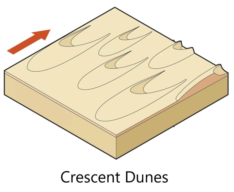An illustration showing how a crescent dune is formed.